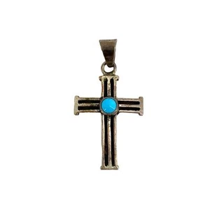Vintage Sterling Turquoise Cross black enamel pendant - Picture 1 of 8