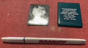 Vintage Braniff Airways Credit Union Pocket Glass Mirror & rubber case + REZ Pen - Picture 1 of 3