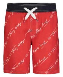 Tommy Hilfiger Script All Over Print Swim Trunks Big Boys S(8) Tommy Red Pull On - Picture 1 of 17