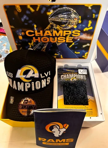 2022 LA Rams Season Ticket Holder Gift Box Super Bowl Hat Game-Used Sofi Turf Cover