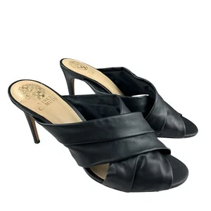 Vince Camuto Clarstie Mule Sandals 10 M Black Leather Slip On Stiletto Heels - Picture 1 of 13
