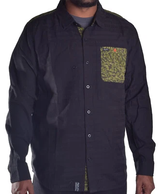 Camisa LRG Lifted Research Group Manga Larga Negra Camuflada Bolsillo Abotonada Pequeña Foto 1 de 4