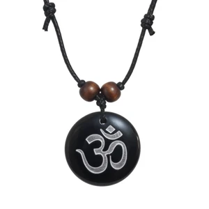 Om Aum Pendant Necklace Buddhist Tibetan Namaste Wood Beads Adjustable Jewellery - Picture 1 of 11