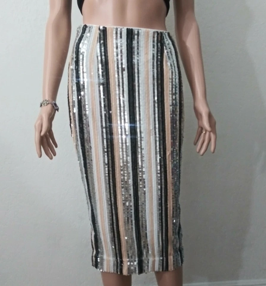 boohoo Size 6 Multicolor Stripe Geometric Glitter Slit In Back A-Line Skirt - Image 1 of 4