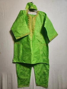 African Clothing Men Brocade 3Pcs Pant Suit Dashiki W/Cap P Green Free Size - Picture 1 of 15