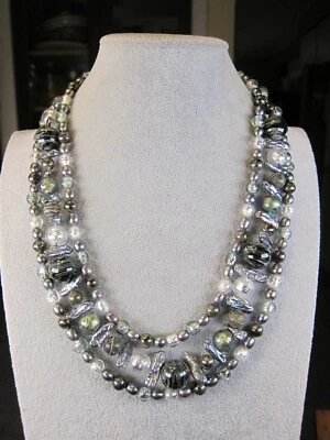 Precioso collar de cuentas de 3 hebras hecho a mano piedra vidrio perlas de agua dulce Biwa Foto 1 de 4