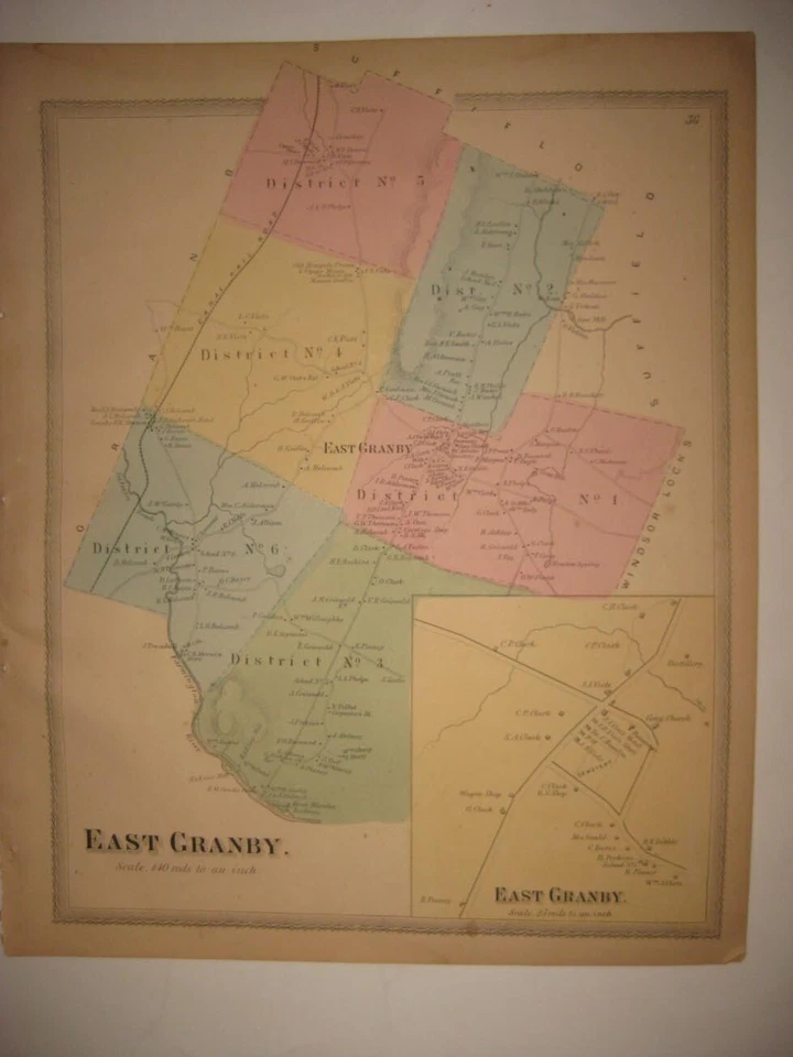 ANTIQUE 1869 EAST GRANBY HARTFORD COUNTY CONNECTICUT HANDCOLORED MAP SUPERB FINE - Image 1 of 1