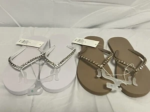 2 Pair Shade & Shore Mary Jeweled Flip Flop Sandals Tan/White Women’s - Picture 1 of 5