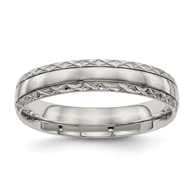 Stainless Steel Polished Grooved Criss Cross Design Ring - Image 1 of 4