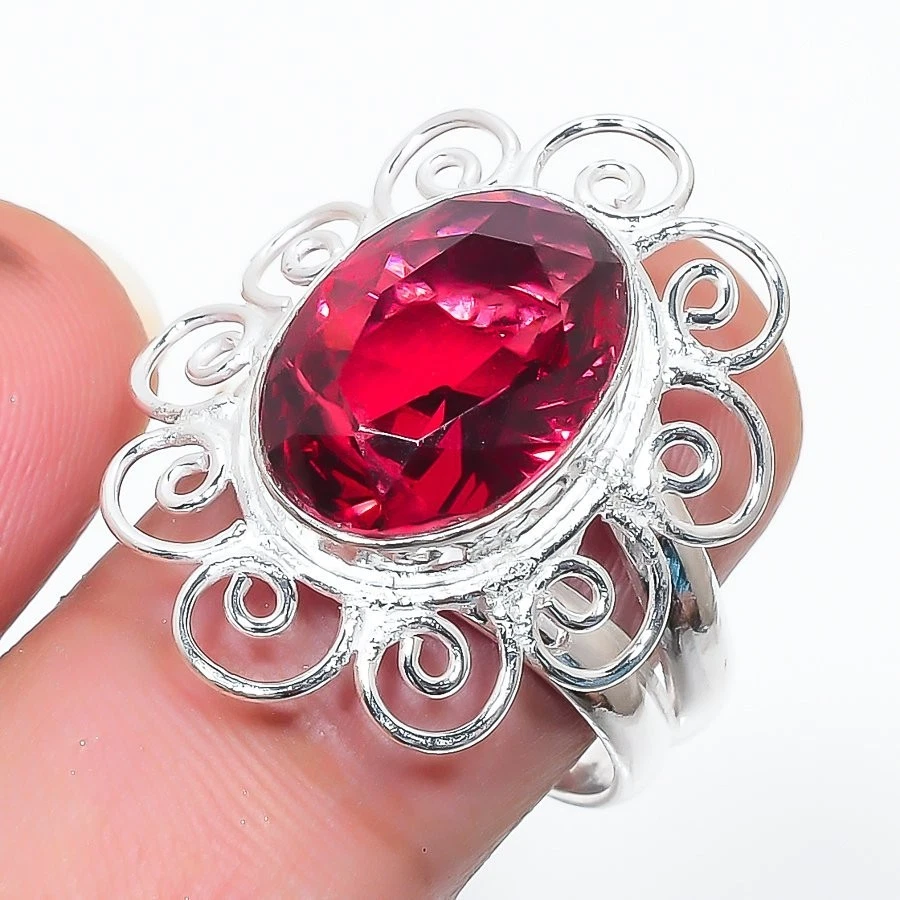 Anillo de plata de ley 925 hecho a mano con piedras preciosas de rubelita rosa de todos los tamaños para regalo Foto 1 de 1