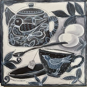 Original Watercolor 7”X7” Pamela Wilhelm Whimsical Black White Birds Tea Eggs - Picture 1 of 2