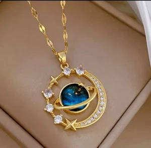 Light Titanium Steel Planet Moon Pendant & Necklace Everyday Wear 16+2” Golden - Picture 1 of 6