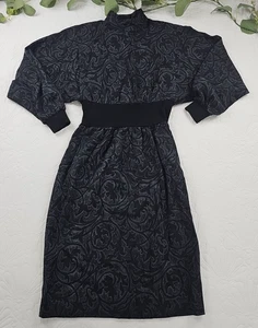 VTG Yves Saint Laurent 80's Mock Neck  Midi Shoulder Pads Dress Size M Black - Picture 1 of 15