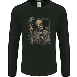Dry Bones Calavera Esqueleto con Flores Y Pájaro Hombre Manga Larga Camiseta - Imagen 1 de 3