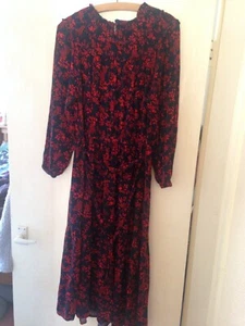 M&S COLLECTION NAVY BLUE & RED FLOWER PRINT L/S MAXI DRESS SIZE 12 LONG - Picture 1 of 4