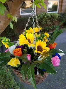 Artificial Hanging Basket Flowers Plants Rose Grass Ivy Leaf Fern Foliage Garden - Picture 1 of 12