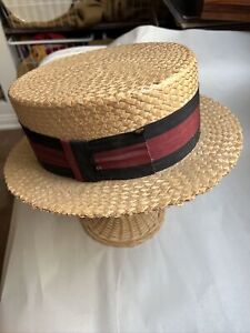 ANTIQUE BOATER SKIMMER BARBERSHOP STRAW HAT 22 1/2" Circumference