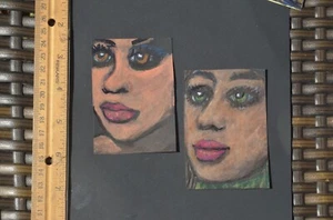 ACEO Original ArtGirl Portrait on black Original not a print mixed media x2 - Picture 1 of 3