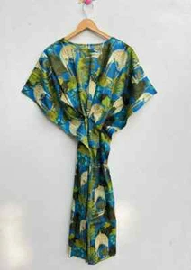 Indian Vintage 100% Cotton Long Beach Maxi Kaftan Dress One Size Caftan Kimono - Picture 1 of 8
