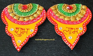 Diwali Cadeau Ganesha Shubh Labh Main Peinture Crafted en Bois Tenture Murale - Picture 1 of 3