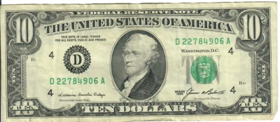 1985 10$ Federal Reserve Note - Green Seal - KDO/JAB D22784906A - #13737 - Image 1 of 2