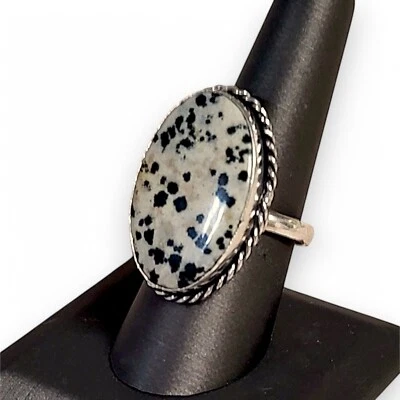 Anillo artesanal de plata de ley 925 con piedras preciosas de jaspe dálmata talla 9,25 Foto 1 de 4