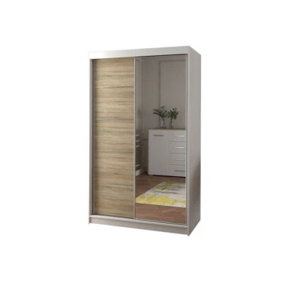 Schwebetürenschrank mit Spiegel Kleiderschrank Schiebetüren NOAH 120 Weiß-Sonoma - Bild 1 von 4