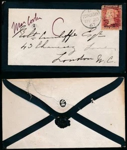 GB QV MOURNING ENVELOPE 1867 TORQUAY FLOWER FLAP + SEAL PENNY RED Plate 93 DEVON - Picture 1 of 3