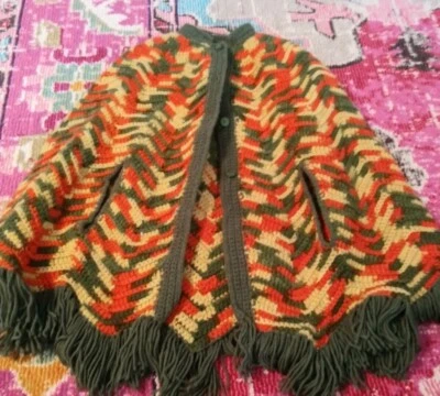Womens shawl cape autumn green yellow orange old lady boho crochet Halloween - Image 1 of 2