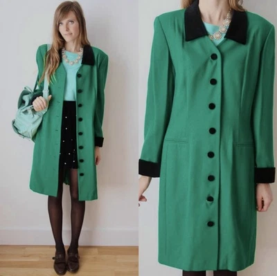 Abrigo Kasper Lt Wight Largo De Colección Con Borde Negro Vlvt WM 12 Kelly Verde Preppy Dinero Antiguo Foto 1 de 4