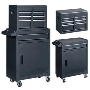 Black Metal Tool Cabinet Storage Box Chest With 4 Drawers With Wheels for Garage - Picture 1 of 20