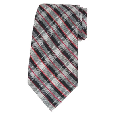 CLUB ROOM Mens Tie Necktie Charcoal Gray Black Red Plaid 3.35 Classic Silk Blend - Image 1 of 4