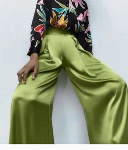 ZARA WOMAN SMARAGDGRÜN WEITES BEIN SATINOPTIK HOSE L - Bild 1 von 9