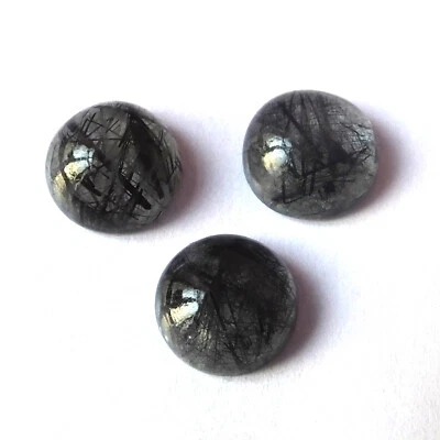 Natural Black Rutilated Quartz Cabochon 10X10 mm Round Cut Gemstone 3 Piece Lot - Image 1 of 4