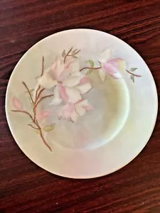 Antique Hand Painted White & Pink Magnolia Plate with Gold Rim Signed - Picture 1 of 6