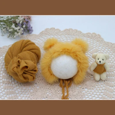 Recién Nacido Fotografía Prop Bebé Envoltura Envoltura Manta Telón de Fondo Sombrero Oso Muñeca  Foto 1 de 4