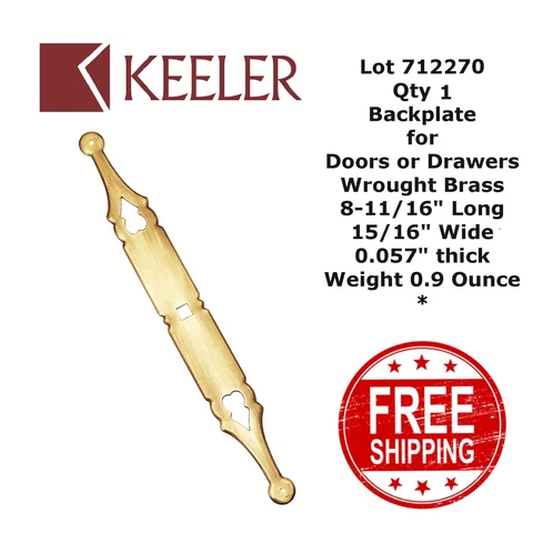 BACKPLATE DOOR or DRAWER 8-11/16" x 15/16" x 0.057" Keeler Wrought Brass 712270 Cover