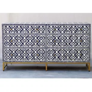 Bone Inlay Bullion Solid Wood Sideboard Navy Blue Diamond Pattern 160x50x85cm - Picture 1 of 3