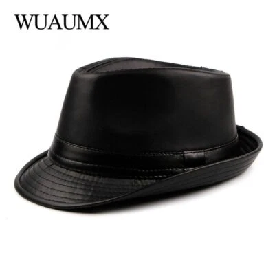 Simple Jazz Cap Leather Fedoras Casual Men Autumn Winter Retro Bowler Hat Fedora - Image 1 of 4
