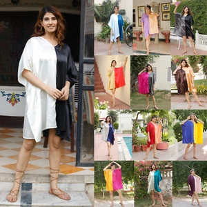 Women Satin Silk Short Kaftan Boho Summer Beach Sundress Plus Size Tunic Top - Picture 1 of 143