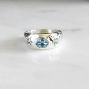 Natürlich Blau Topas Edelstein Daumen Ring Herren und Damen 925 Sterlingsilber - Bild 1 von 6