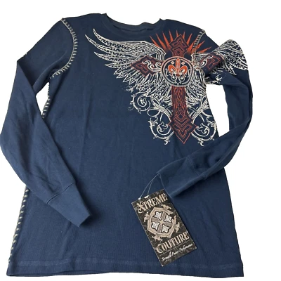 Camisa Xtreme Couture Para Hombres S Azul Térmica Manga Larga Algodón MMA Gráficos Tribales Foto 1 de 4