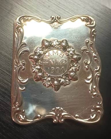 Antique Gorham Sterling Silver 1904 HMMBA New York 2x1.5 Inch Card Scent Holder Cover