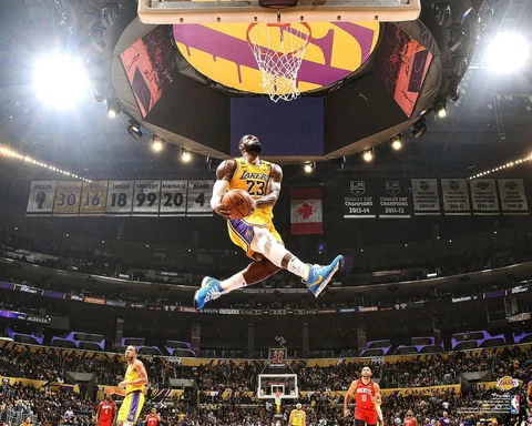 LeBron James Los Angeles Lakers Unsigned Dunk Against Houston Rockets Photo Cover