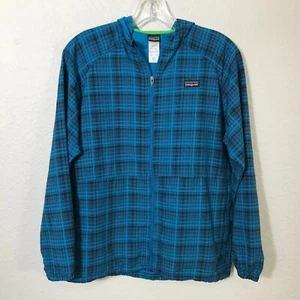 Patagonia Boys Jacket Size 12 Nylon Blue Plaid Hooded Zip Pockets - Picture 1 of 8