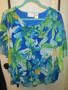 Women's Sag Harbor Green & Blue print top Size 16 W/bead trim - Picture 1 of 3