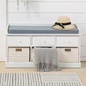 Wooden Storage Bench Woven Baskets Drawers Padded Seat Ottoman Organizer Cabinet - Picture 1 of 25