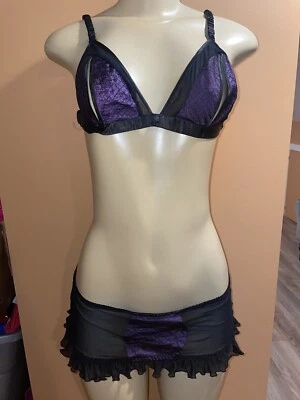 Frederick's of Hollywood Peek a Boo Open Cup Black Purple Lingerie Set Medium - Image 1 of 4