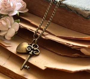 Heart & Key Necklace Alice Charms Bronze We're All Mad Here Christmas Gift Boxed - Picture 1 of 7