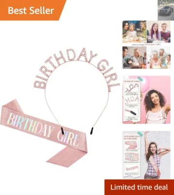 Elegante conjunto de faja brillante y tiara oro rosa - Los accesorios imprescindibles de cumpleaños Foto 1 de 4